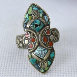 Authentic Vintage Tibetan Silver Ring, Gemstone Ring, Turquoise and Coral Inlays