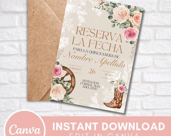 Editable Quinceañera Save the Date Template | Western Floral Invitation | Rustic Cowgirl Theme | Canva Template
