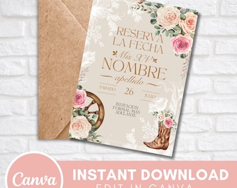Rustic Floral Cowboy Boots Quinceañera Invitation: Editable Canva Template (Digital Download)
