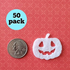 May include: 50 pack of white felt pumpkin shapes. Each pumpkin is about the size of a US quarter.