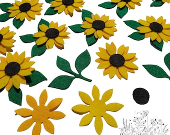 Felt Leaves and Sunflowers | Pre-cut Shapes for DIY Sewing Crafts | 12 double Die Cut Flowers and felt leaves