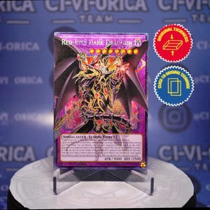 May include: A collectible trading card featuring the Red-Eyes Dark Dragon. The card has a purple background with a detailed illustration of a dragon. The card also has text that includes the card's name, type, and stats. Two stickers are visible.