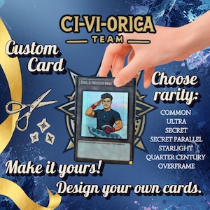 Könnte beinhalten: Ein individuelles Kartendesign mit dem Text "CI-VI-ORICA TEAM" und "Custom Card". Die Karte zeigt eine Illustration einer Person und den Text "ENZO, IL PRESCELTO DAGLI". Optionen für die Seltenheit sind aufgeführt, darunter "COMMON" und "ULTRA".