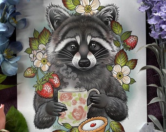 Racoon / Trash Panda enjoying tea & cakes a4 Print