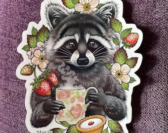 Cute Racoon / Trash Panda drinking tea high gloss sticker