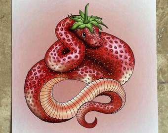 Stunning Strawberry Snake Print Cute Animal Fruit Baby Print, 8.4 inches x 8.4 inches (21cm)