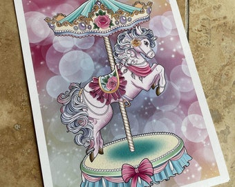 Carousel Horse Print in Unicorn colour scheme Nursery Childrens Bedroom Print A4 size