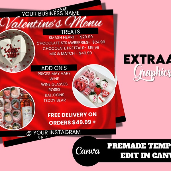 Valentine's day menu flyer template, valentine's day treats flyer, valentine's day catering flyer template, vday catering flyer sweet flyer