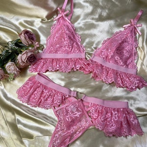 Romantic Pink Floral Lace Ruffle Lingerie Set