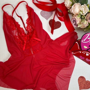 Romantic Belted Teddy Bodysuit Lingerie, Red Sheer Fabric, Criss Cross Back and Adjustable Spaghetti Straps, Valentines Day Gifts For Her