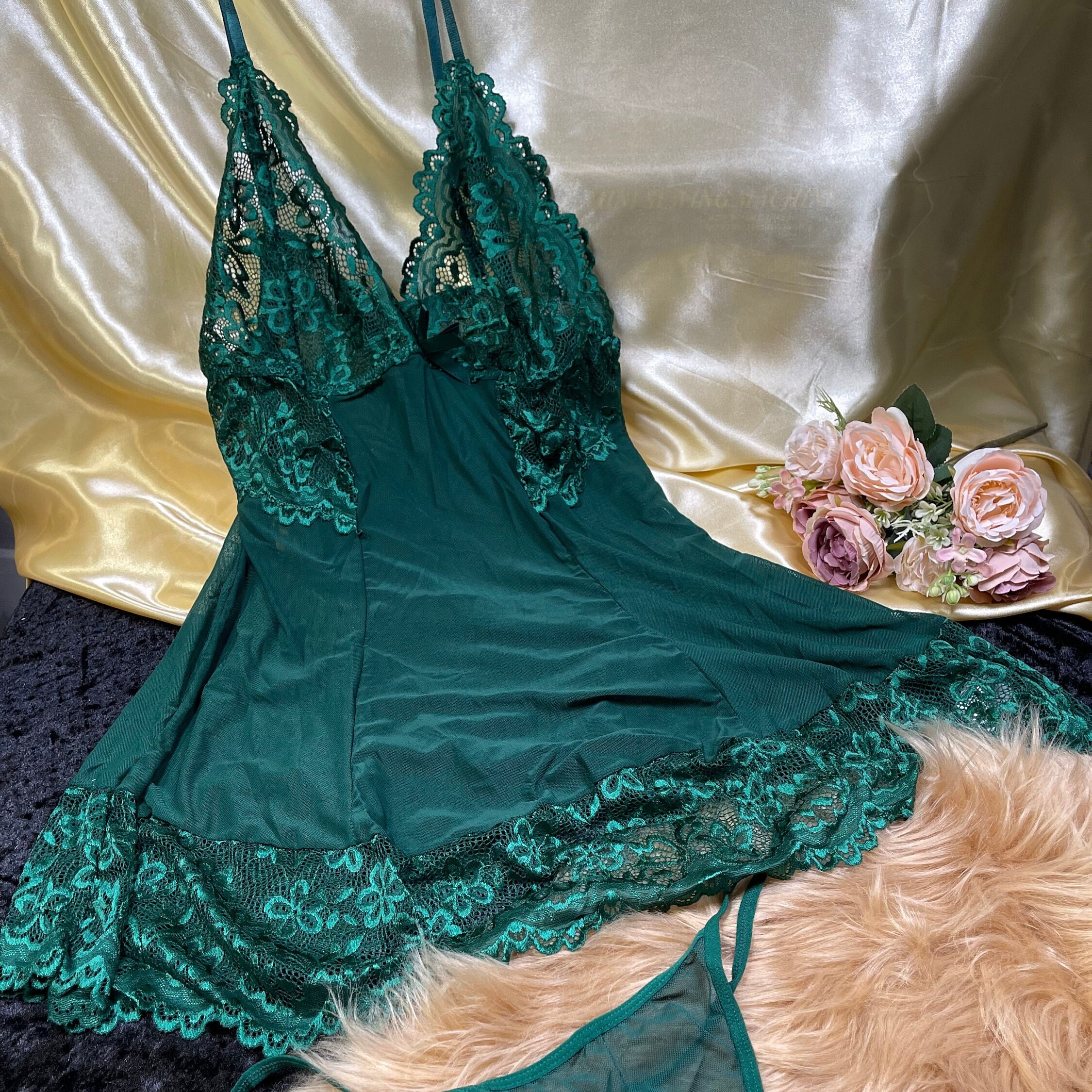Emerald Green Pure Silk and Lace Luxury Lingerie Set -  Canada