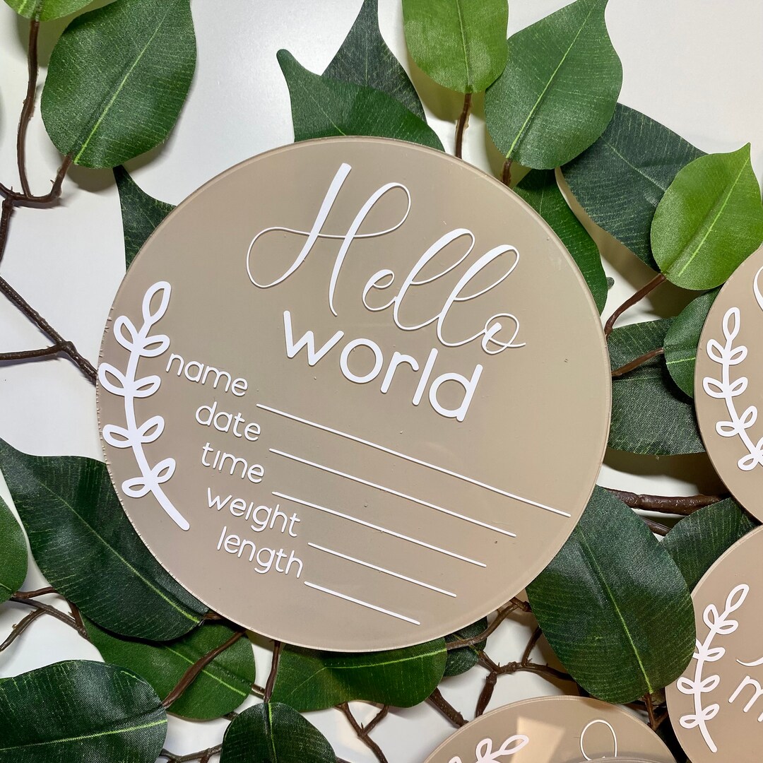 Hello world baby stats sign, baby birth announcement, acrylic disc ...