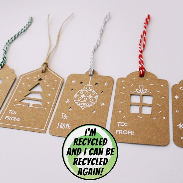 Étiquettes manuscrites écologiques pour cadeaux de Noël | étiquettes-cadeaux kraft respectueuses de l'environnement | Carton recyclé et ficelle de jute (couleurs au choix)