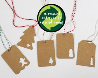 Umweltfreundliche, ausgeschnittene Weihnachtsgeschenkanhänger | Kraftpapier-Geschenkanhänger, umweltfreundlich | Recycelte Karte & Juteschnur (Farbwahl)