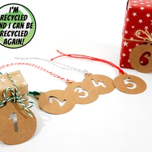 Etiquetas ecológicas para presentes de calendário do advento | etiquetas de presente kraft, ecológicas | Cartão reciclado e barbante de juta (escolha de cores)