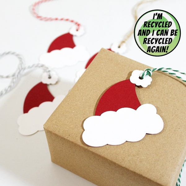 Eco-friendly Santa hat Christmas gift tags | handmade, environmentally-friendly gift tags | Recycled card & twine (choice of colours)