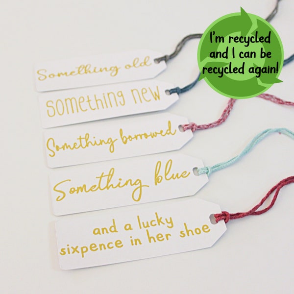 Eco-friendly 'something old.. new... borrowed... blue' bridal gifts tags || Recycled white card & cord (choice of colours)