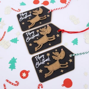 Étiquettes cadeaux Rudolf volantes écologiques | étiquettes cadeaux kraft, Noël éco-responsable | Carte recyclée et ficelle de jute (choix de couleurs)
