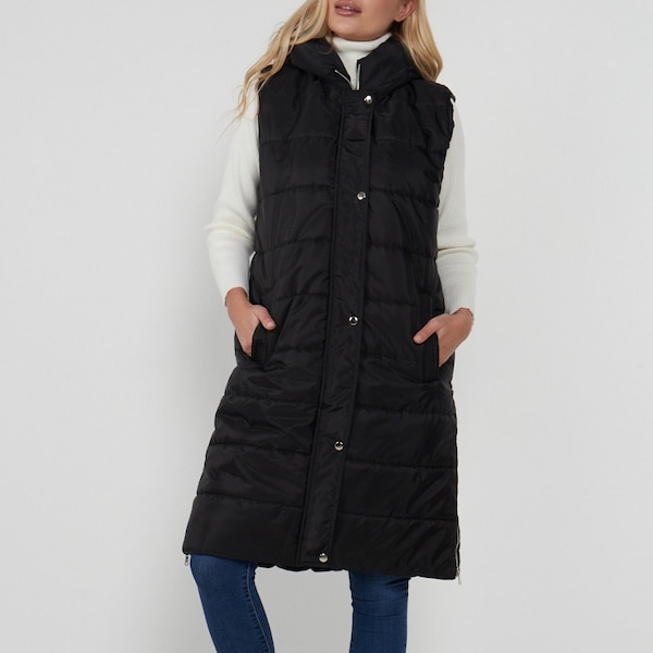 Damen Gilet Jacke Longline Kapuze gesteppt Zip Up Weste Weste Schwarz Gepolstert Winter Wear Bodywarmer Long Coat für Damen UK 8-24 (S-5XL)