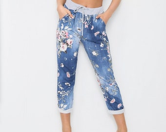 Dark Denim Floral Trousers High Elastic Waist with drawstring Turn Up Ladies Casual Summer Plus Size Soft Comfy Joggers For Women UK 8-22