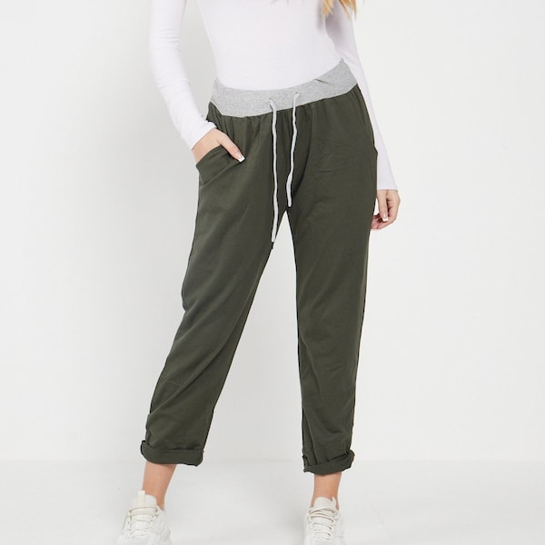 Plain High Waist with drawstring Turn Up Elasticated Khaki Green Denim Trousers Ladies Casual Summer Plus Size Soft Joggers Women UK 8-22