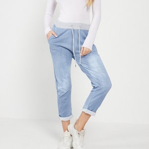 Plain High Elastic Waist with drawstring Turn Up Light Denim Trousers Ladies Casual Summer Plus Size Soft Comfy Joggers For Women UK 8-22