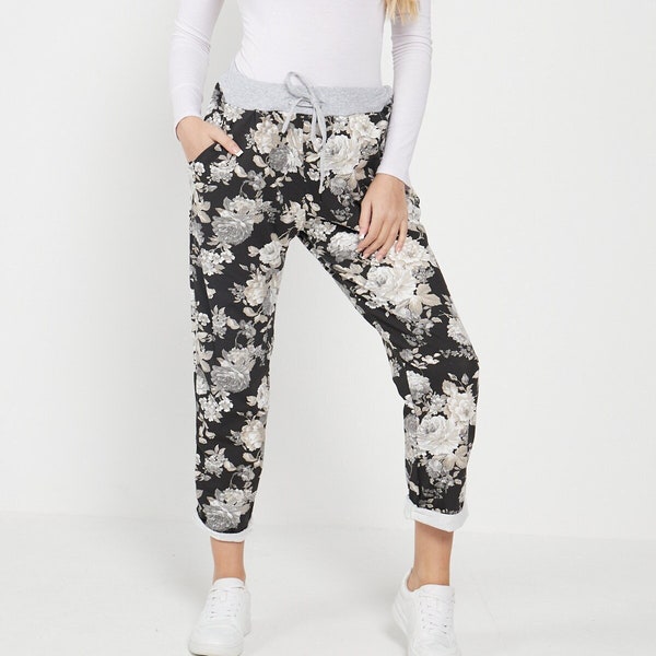 Italian Black Floral Trousers for Women Denim Summer Cotton Casual Ladies High Waisted Running Full Length Plus Size Joggers Pants UK 8-22