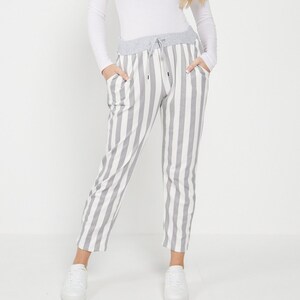 Italian Striped Trouser for Women Denim Summer Plain Cotton Casual Ladies High Elastic Waisted Running Full Length Plus Size Joggers UK 8-22