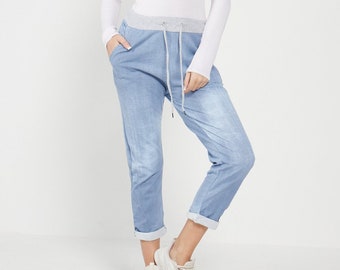 Plain High Elastic Waist with drawstring Turn Up Light Denim Trousers Ladies Casual Summer Plus Size Soft Comfy Joggers For Women UK 8-22