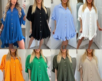 Women's Gold Button Pleated Short Sleeve Plain Collared Frill Ladies Casual Loose Fit Oversized Baggy Plus Size Swing Summer Dresses UK 8-22