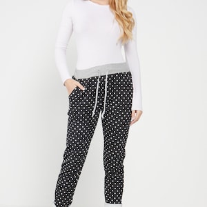 Plain High Elastic Waist with drawstring Turn Up Light Denim Trousers Ladies Casual Summer Plus Size Soft Comfy Joggers For Women UK 8-22 Polka Dot Black