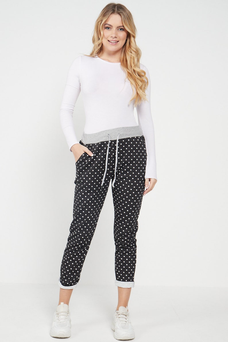 Plain High Elastic Waist with drawstring Turn Up Light Denim Trousers Ladies Casual Summer Plus Size Soft Comfy Joggers For Women UK 8-22 Polka Dot Black