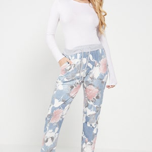 Plain High Elastic Waist with drawstring Turn Up Light Denim Trousers Ladies Casual Summer Plus Size Soft Comfy Joggers For Women UK 8-22 Rose Light Denim