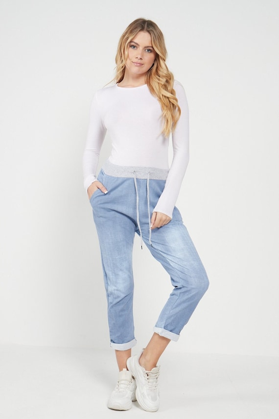 Plain High Elastic Waist With Drawstring Turn up Light Denim