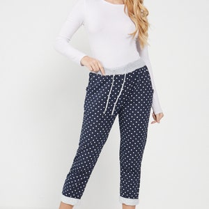 Plain High Elastic Waist with drawstring Turn Up Light Denim Trousers Ladies Casual Summer Plus Size Soft Comfy Joggers For Women UK 8-22 Polka Dot Navy