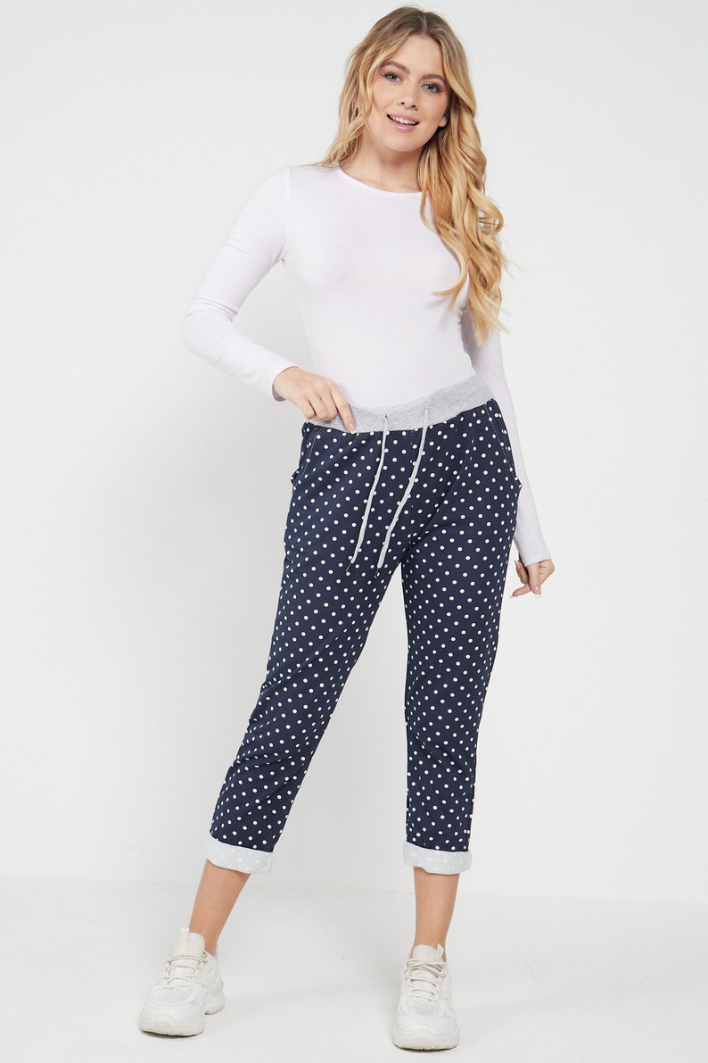 Plain High Elastic Waist with drawstring Turn Up Light Denim Trousers Ladies Casual Summer Plus Size Soft Comfy Joggers For Women UK 8-22 Polka Dot Navy