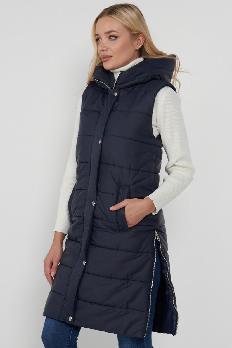 Women's Gilet Jacket Longline Hooded Quilted Zip up Vest Waistcoat