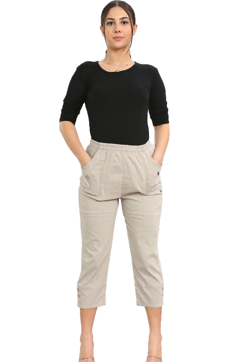 KAV Linen Trousers for Woman Elasticated Casual Pants Flat Front Elastic  Back Three Quarters Ladies Trouser for Ladies Khaki 16  DIY at BQ
