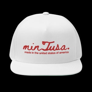 May include: White baseball cap with a red embroidered logo that says "minTusa. made in the united states of america."