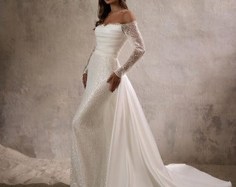 Off-the-shoulder Mermaid Wedding Dress, Detachable Long Train Boho Wedding Gown, Long Sleeves Bohemian Bridal Gown, Sparkling Wedding Dress