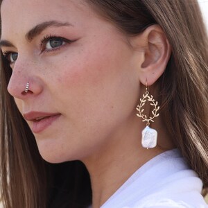 Boho Wedding Earrings, Large Rectangular Baroque Pearl Bridal Earrings, Gold Statement Wedding Jewelry For Bride, Leaf Boho Bridal Earrings