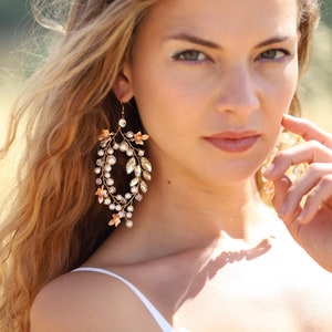 Gold Herbst Blatt Hochzeit Ohrringe, Boho Braut Ohrringe, Perle Braut Ohrringe, Statement Hochzeit Ohrringe für Braut, Boho Hochzeitsschmuck