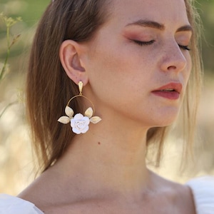 Porcelain Flower Earrings, Leaf Bridal Earrings, Statement Earrings, Boho Bridal Accessories, Boho Bridal Earrings, Floral Wedding Jewelry