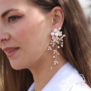 Boho Hochzeitsohrringe, Süßwasserperle Braut Ohrringe, Blattgold Hochzeitsohrringe, Silber Brautohrringe, Rosegold Ohrringe