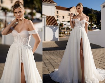 Abito da sposa a trapezio con corsetto scintillante, abito da sposa principessa con scollo a cuore, abito da sposa Boho Tule glitterato, abito con spalle scoperte