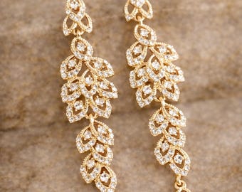 Vintage Gold Wedding Earrings – Swarovski Cubic Zirconia Statement Bridal Earrings, Art Deco 1920s Retro Gold Jewelry, Gatsby Jewels, Gift