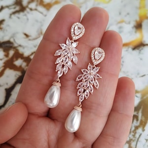Art Deco Rose Gold Bridal Earrings With Drop Pearls | Statement Floral Wedding Jewelry For Bride | Handmade Cubic Zirconia Earrings