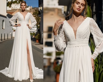 Vestido de novia boho de manga larga, vestido de novia simple con escote en V profundo, vestido de novia de playa de gasa, vestido de novia hippie, vestido de novia de encaje