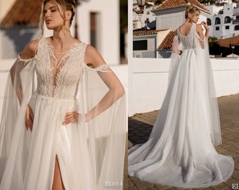 Wing Sleeves A-line Wedding Dress, Deep V Neckline Boho Bridal Gown, Plunging Neck Princess Wedding Dress, Beach Bride Dress, Beaded Dress