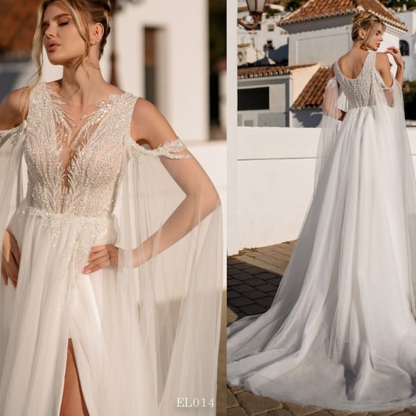 Wing Sleeves A-line Wedding Dress, Deep V Neckline Boho Bridal Gown, Plunging Neck Princess Wedding Dress, Beach Bride Dress, Beaded Dress